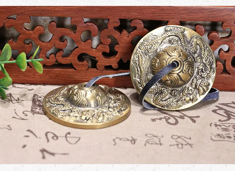 Yoga Handcrafted Tibetan Meditation Gong Tingsha Cymbal Bell with Buddhist The Eight Auspicious Symbols