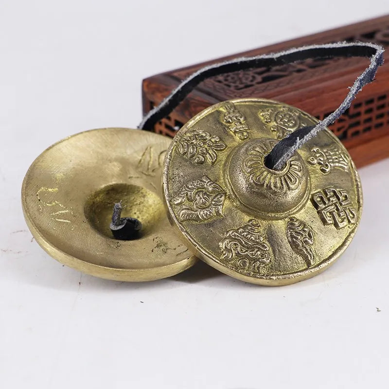 Yoga Handcrafted Tibetan Meditation Gong Tingsha Cymbal Bell with Buddhist The Eight Auspicious Symbols