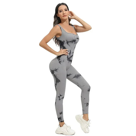 Women Seveeless Tie Dye Body Suit Fitness Yoga Set Seamless Elastic Gym Running Cycling High Waist Hip Lift Knited Sportwear